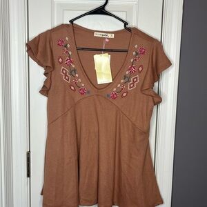 NWT Live to be Spoiled Brown Embroidered Top
